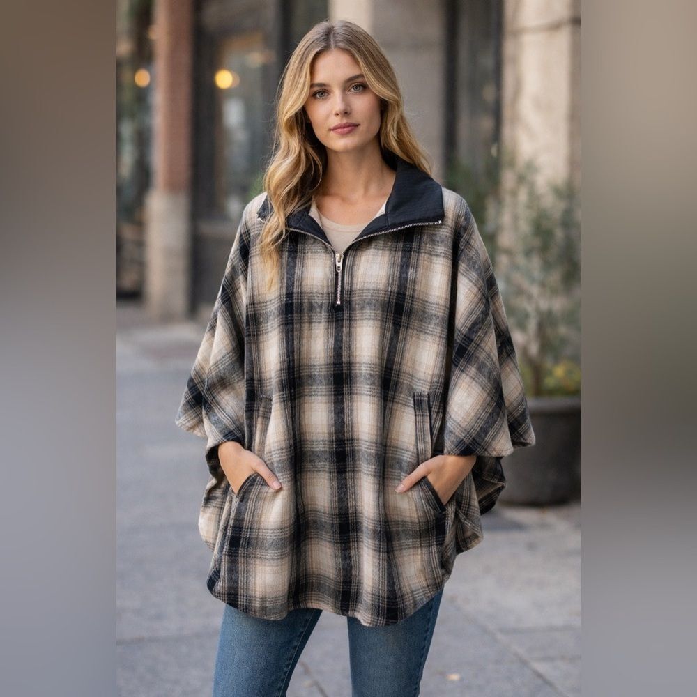 Blank NYC Revolve Poncho Cape Jacket Checked Out Plaid OS 1/4 Zip One Size